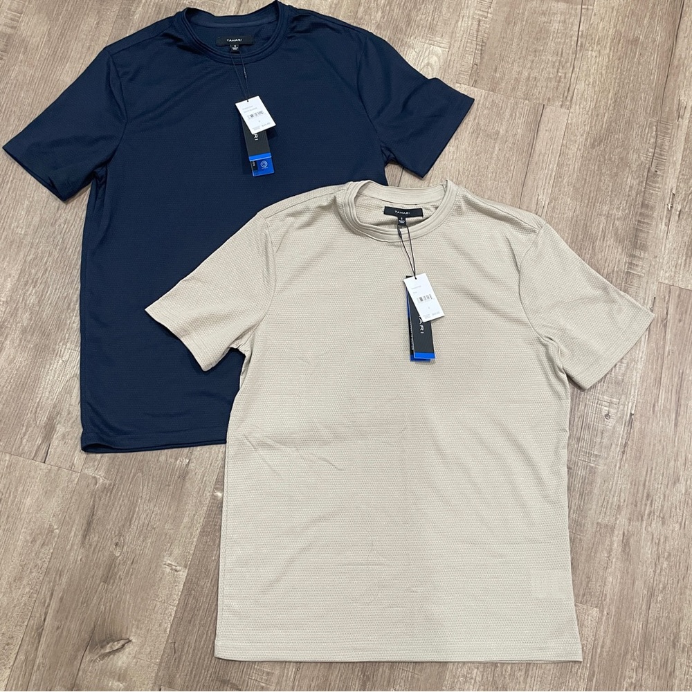 NEW Tahari Mens‎ Textured Performance T-Shirts Navy Tan S NWT 2 Piece Bundle